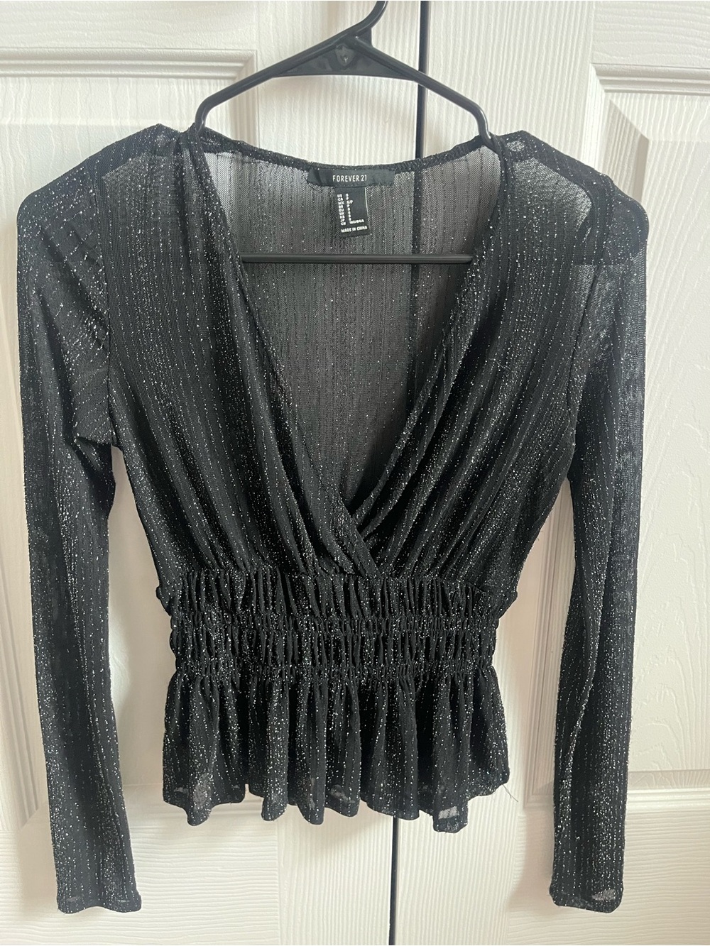 Forever 21 Black Shimmer V-Neck Sheer Long Sleeve Top